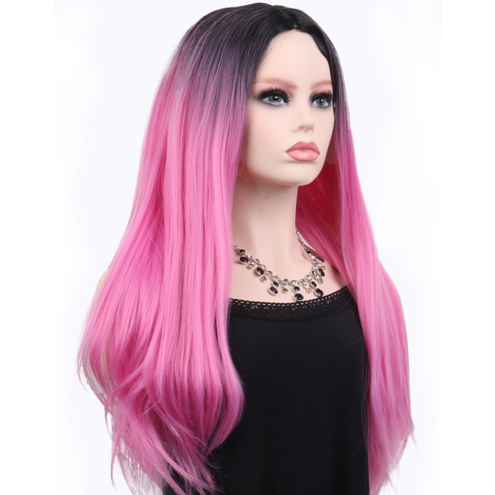 26 inch Fashion Attactive Long Kinky Straight Gradient Black Light Pink Synthetic Fiber Wig For Women Daily Wear