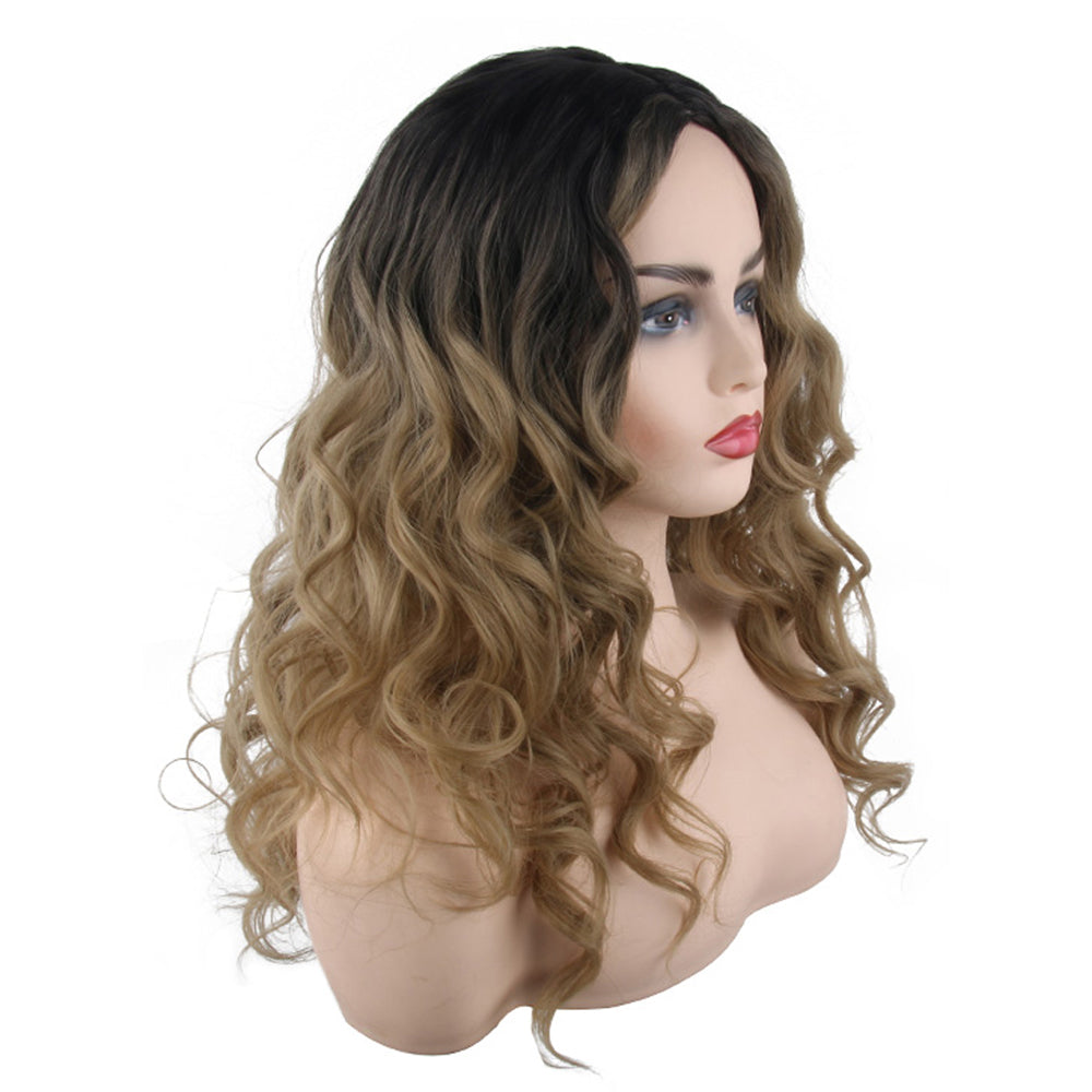 Wig female black gradient brown long curly hair big wave natural wig
