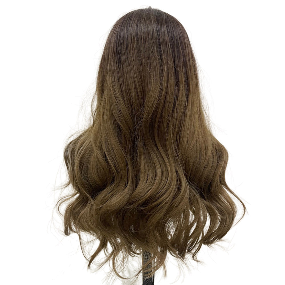 26 Inch Long Natural Wave Dark Brown With Bang Synthetic Fiber Wig For Women Daily Use Party