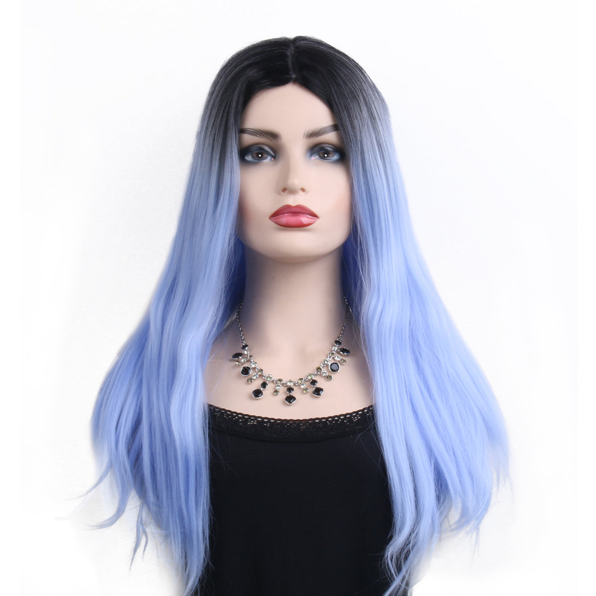 26 inch gradient bright steel blue long straight hair ladies wig Europe and the United States wig synthetic wig