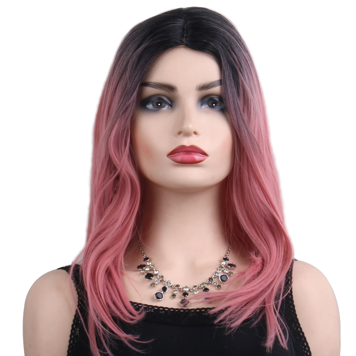 18 inch gradient black pink medium straight hair ladies wig European and American wig synthetic wig