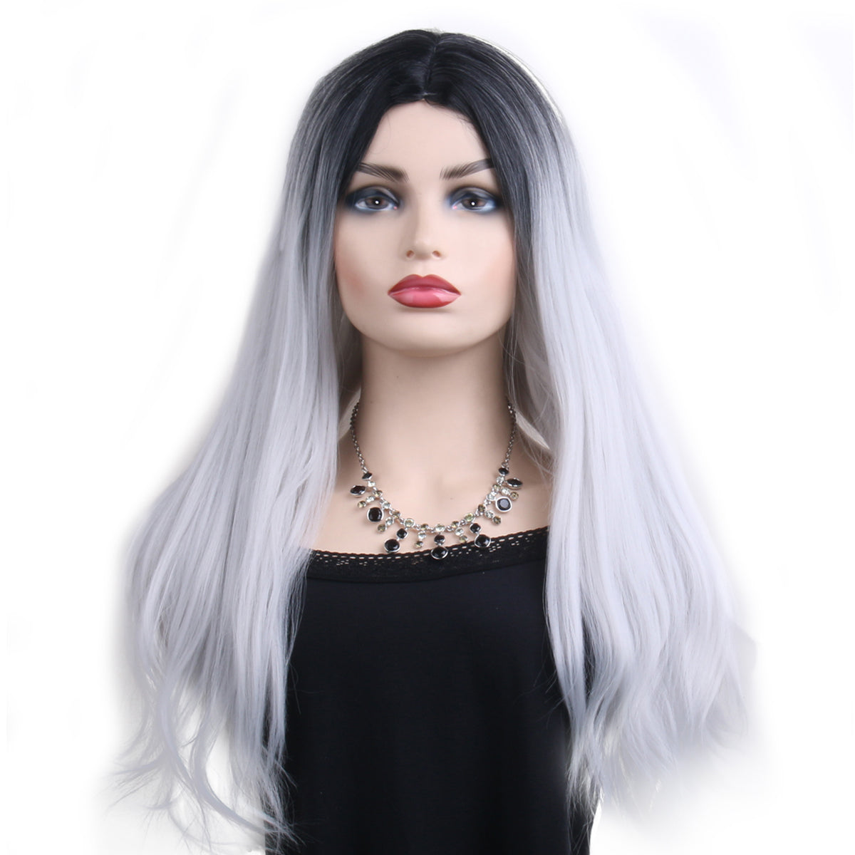 26 inches gradient black light silver long straight hair ladies wig Europe and the United States wig synthetic wig
