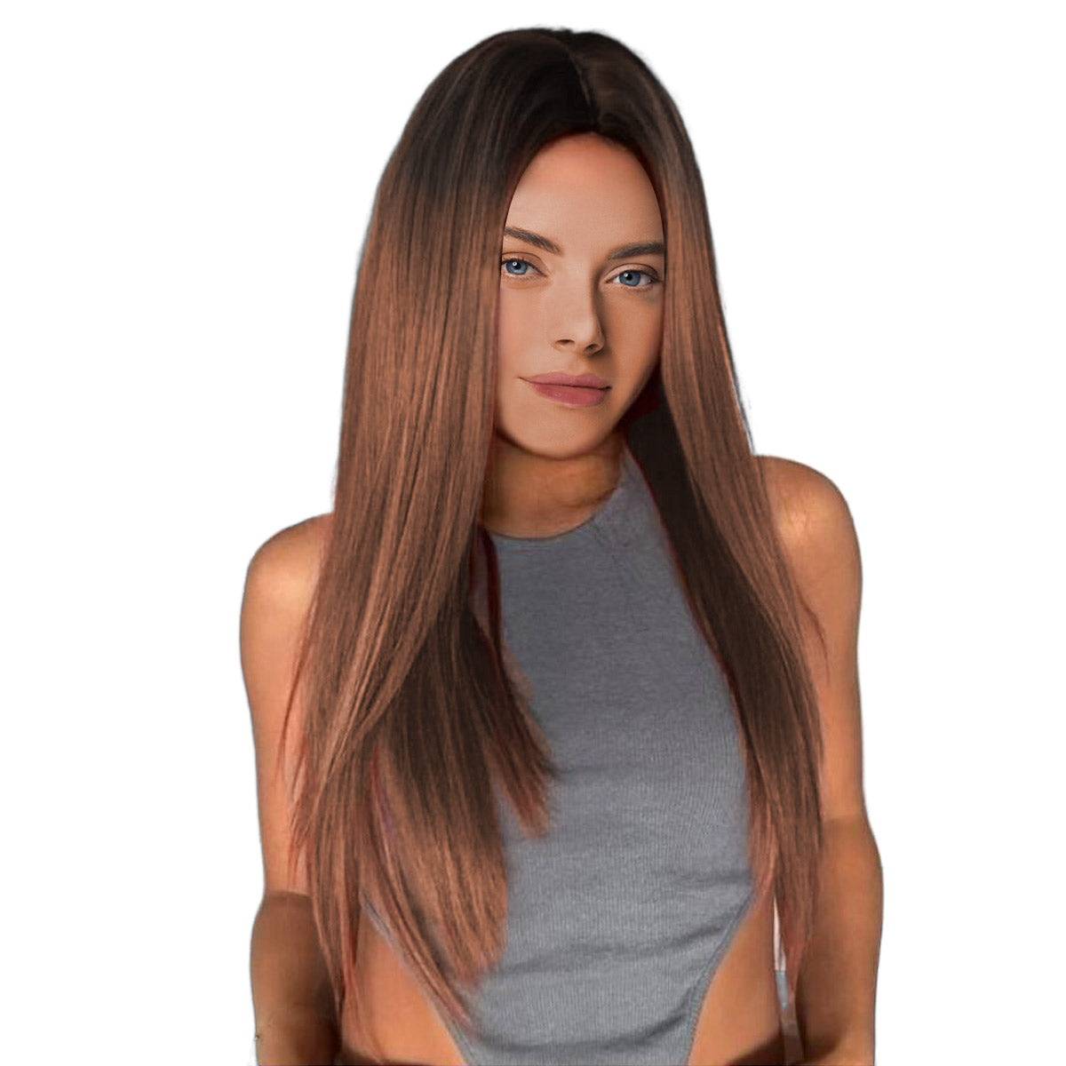 24 Inch Fashion Beautiful Middle Length Kinky Straight Ombre Brown Lace Front Wig For Women Daily Wear