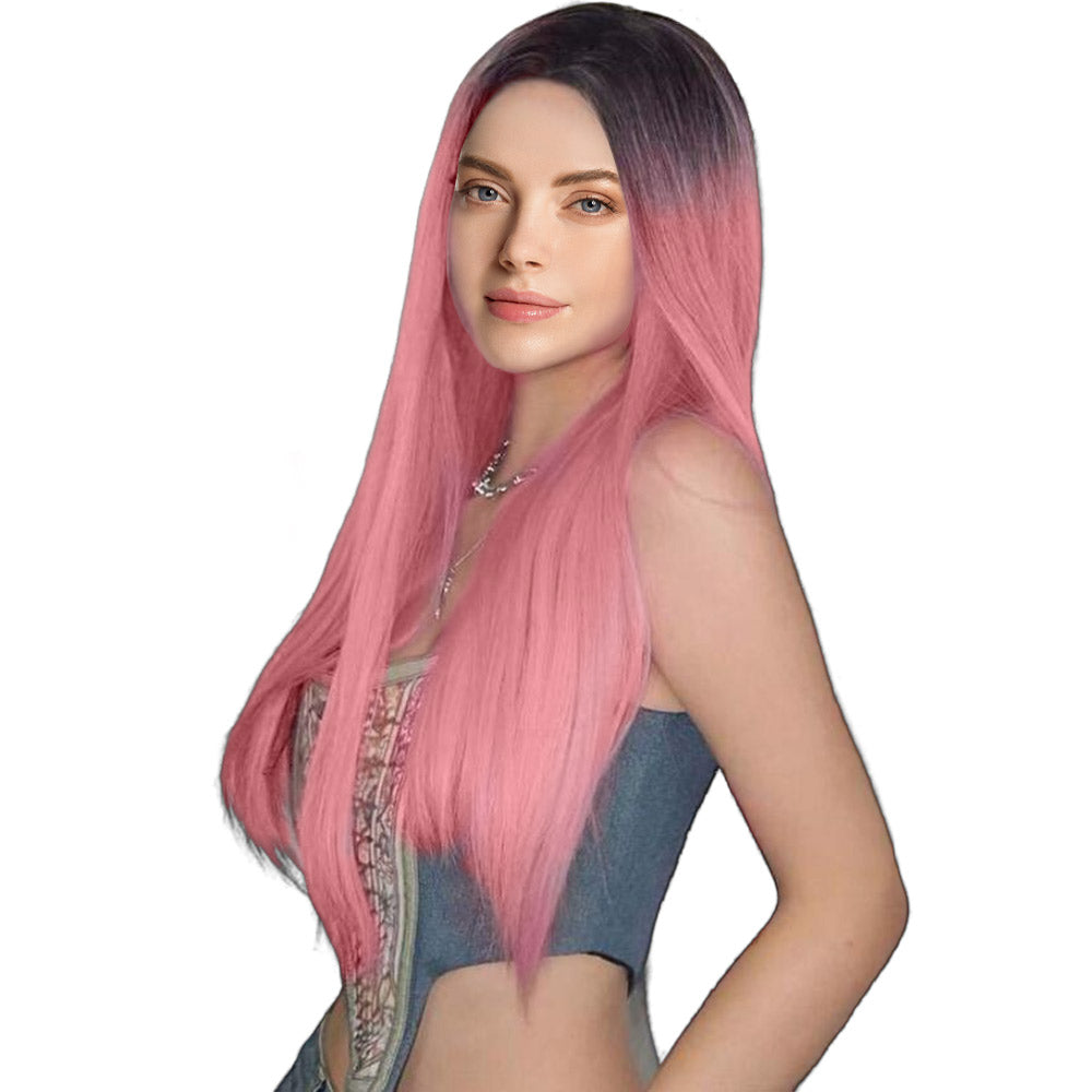 29 Inch Charming Fashion Long Kinky Straight Ombre Pink Lace Front Wig For Women Daily Wear
