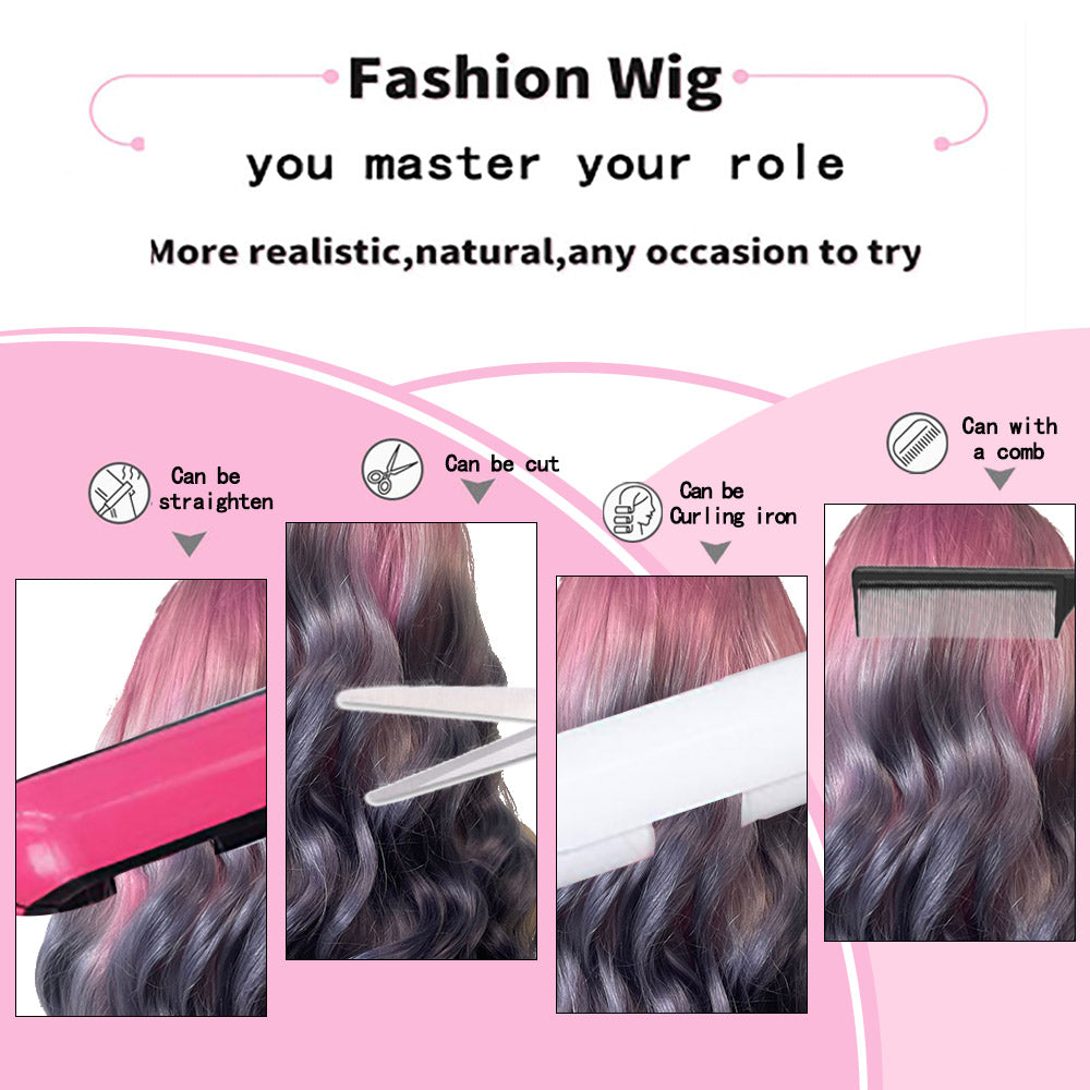 New European and American ladies fashion mixed color pink black and gray long curly hair chemical fiber big wave wig