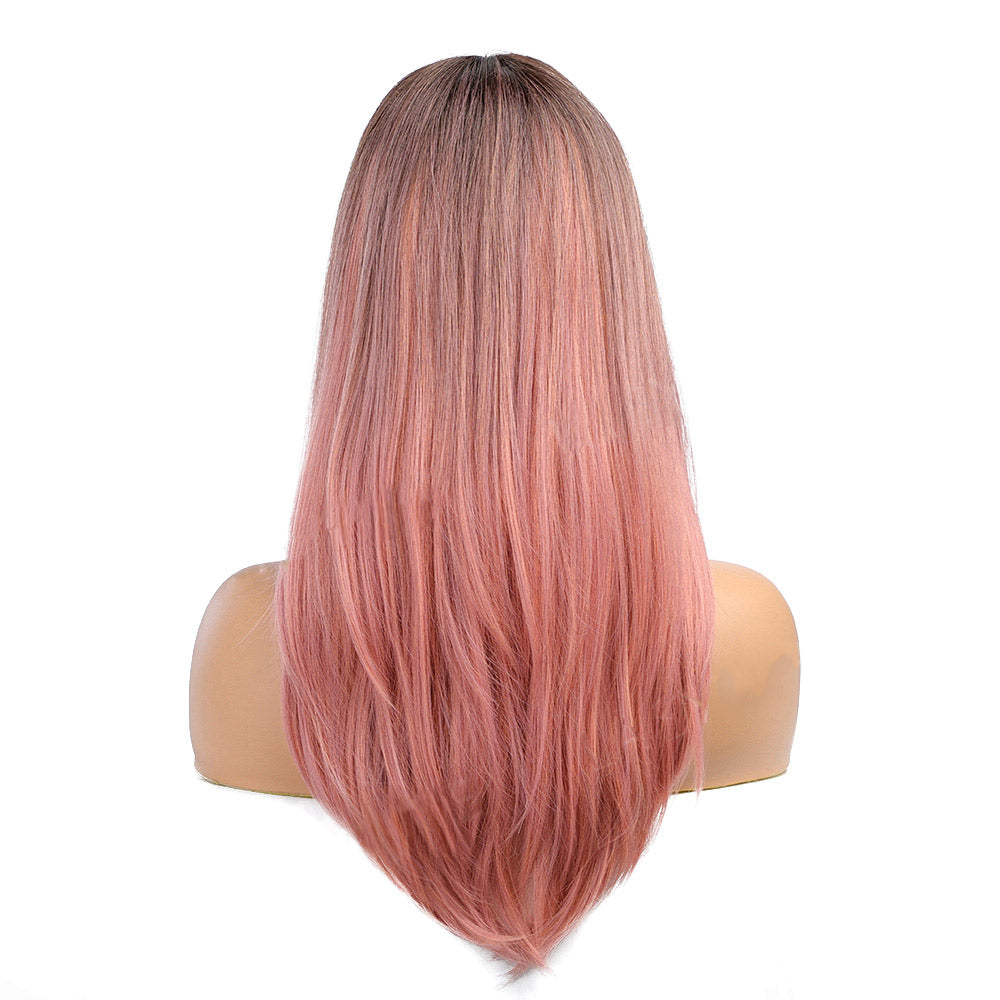 22 Inch Charming Medium Length Silky Straight Wave Gradient Pink Synthetic Fiber Wig For Women Daily Wear