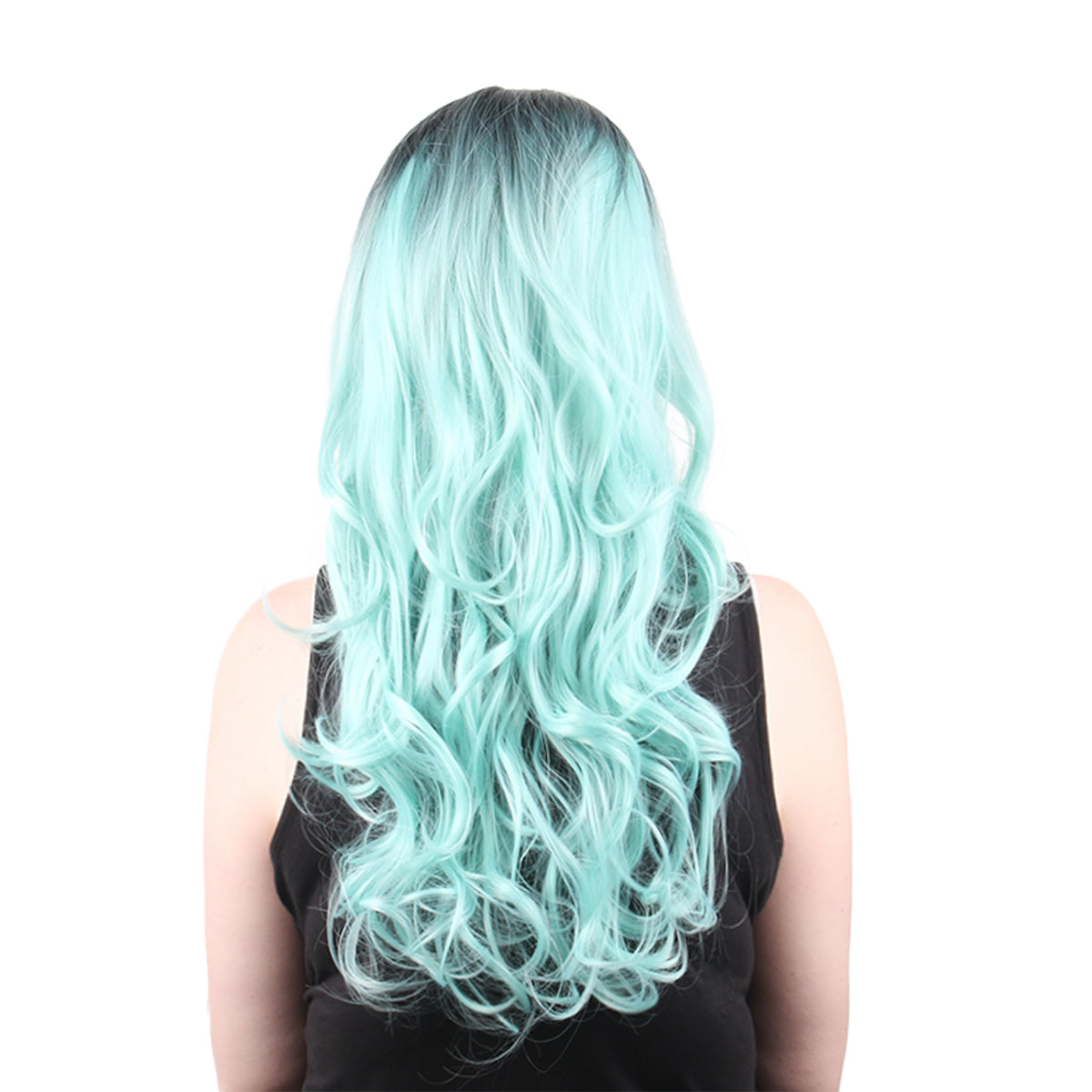 22 Inch Beautiful Fashion Middle Length Kinky Curly Gradient Lake Blue Synthetic Fiber Wig For Women Daily Wear