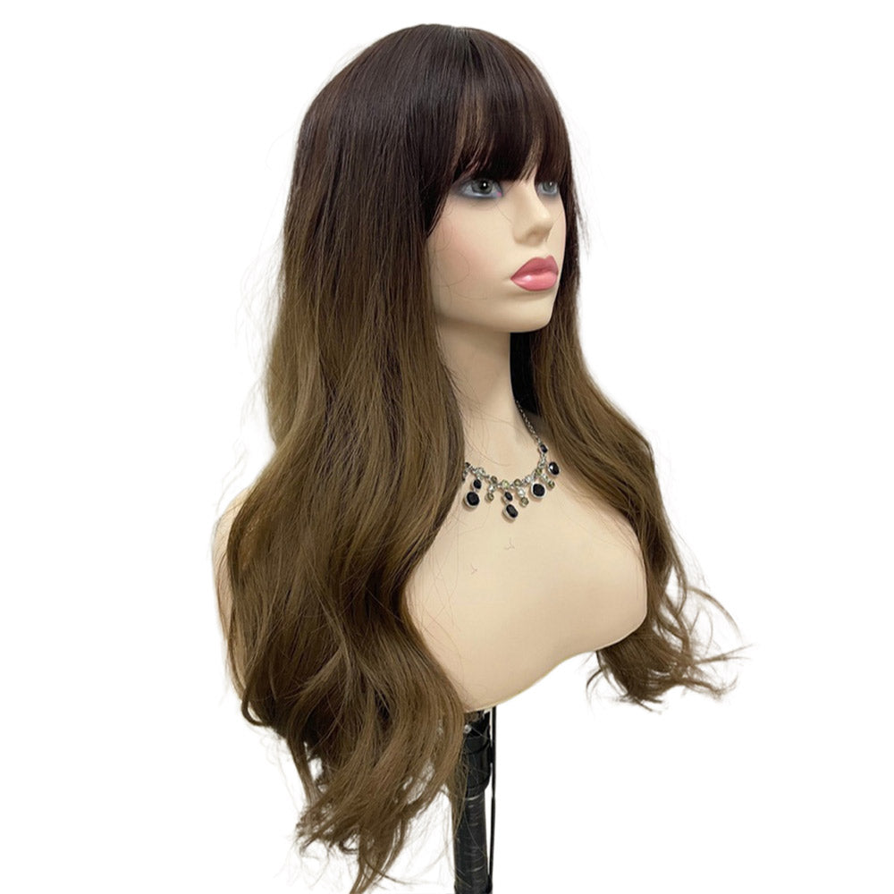 26 Inch Long Natural Wave Dark Brown With Bang Synthetic Fiber Wig For Women Daily Use Party