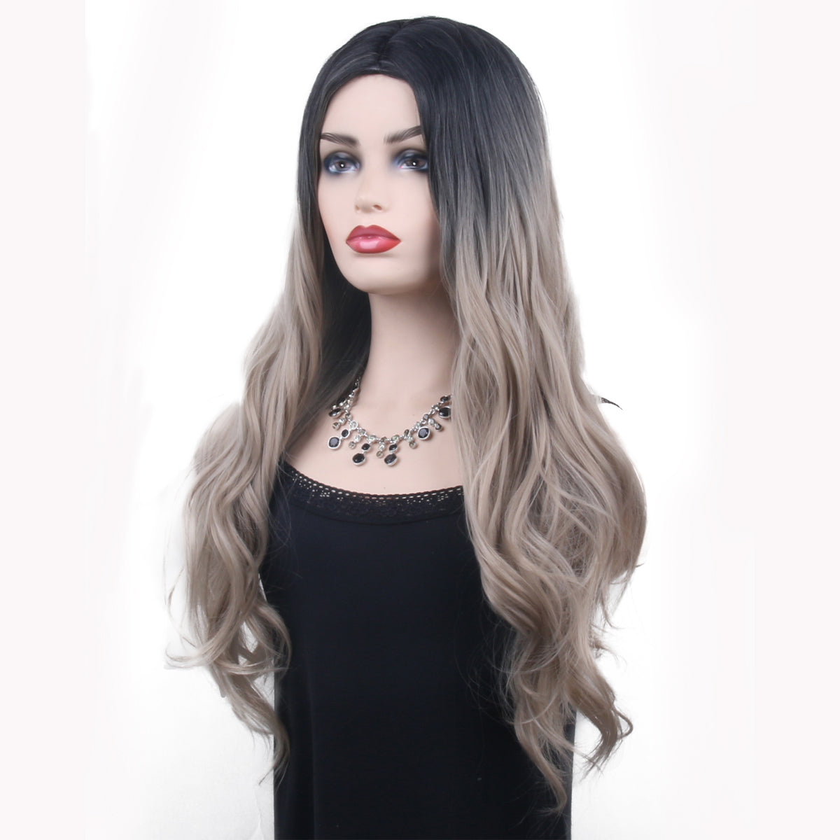 Europe and the United States wig female long hair wavy curly hair fashion middle parting gradient grey and black