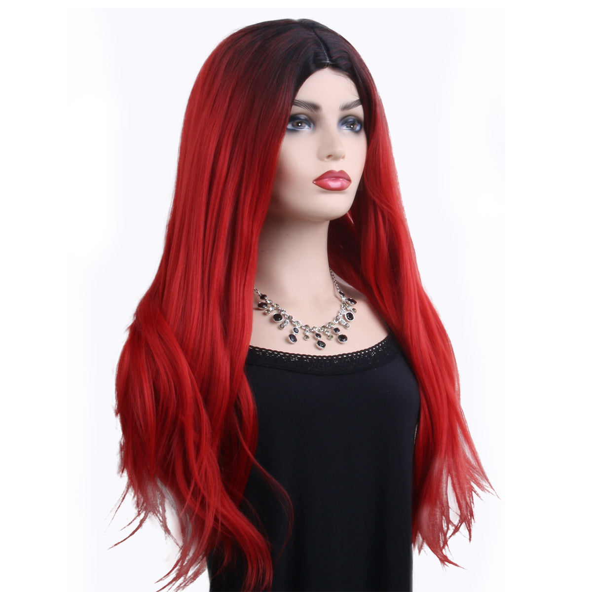 28 inches gradient black red long straight hair ladies wig Europe and the United States wig synthetic wig
