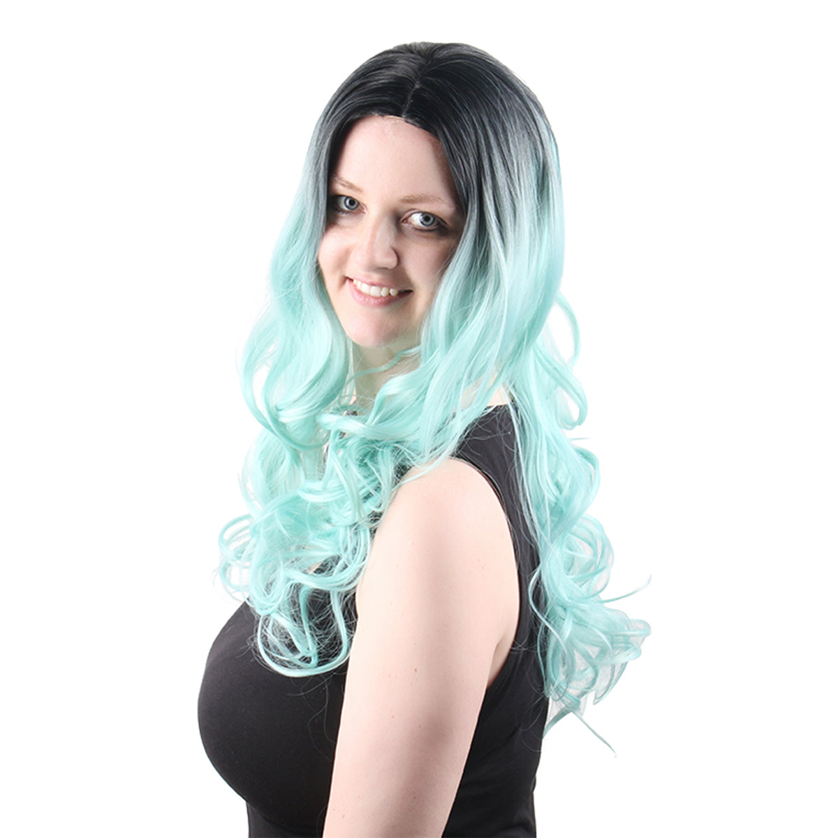 22 Inch Beautiful Fashion Middle Length Kinky Curly Gradient Lake Blue Synthetic Fiber Wig For Women Daily Wear