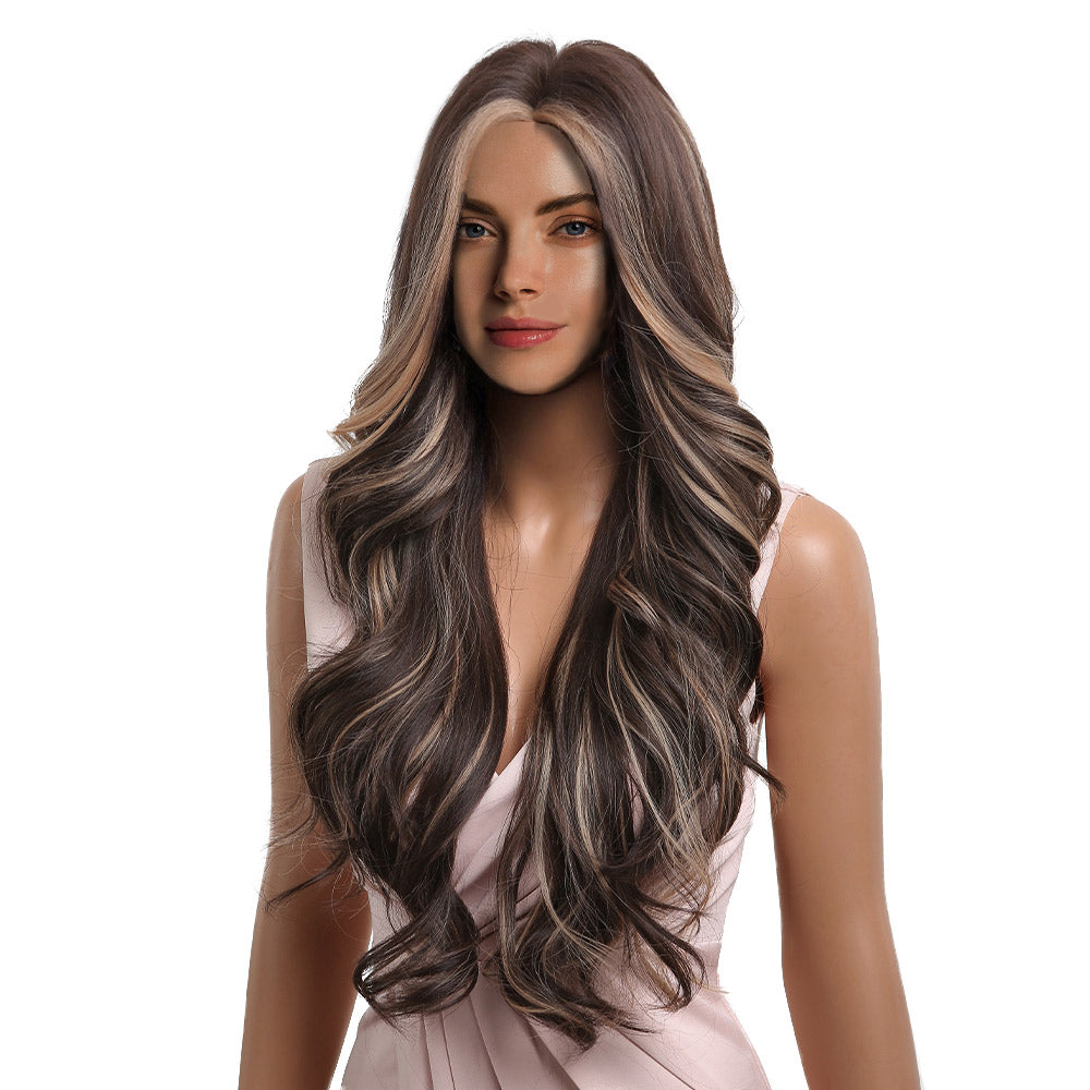 28 Inch Charming Long Kinky Curl Middle Part Black And Brown Synthetic Wig For Women Daily Wear