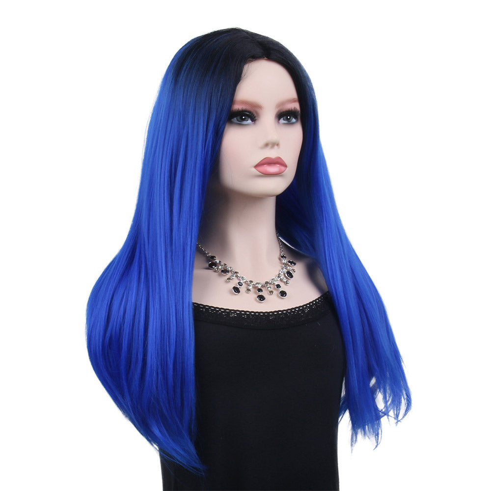 26 inch gradient blue long straight hair ladies wig European and American wig synthetic wig