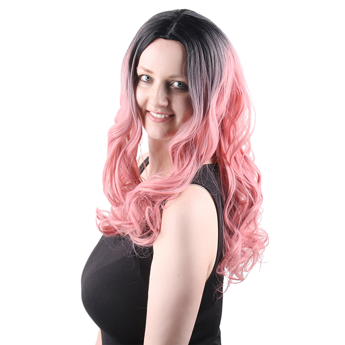 22 Inch Beautiful Fashion Middle Length Kinky Curly Gradient Dark Pink Synthetic Fiber Wig For Women Daily Wear