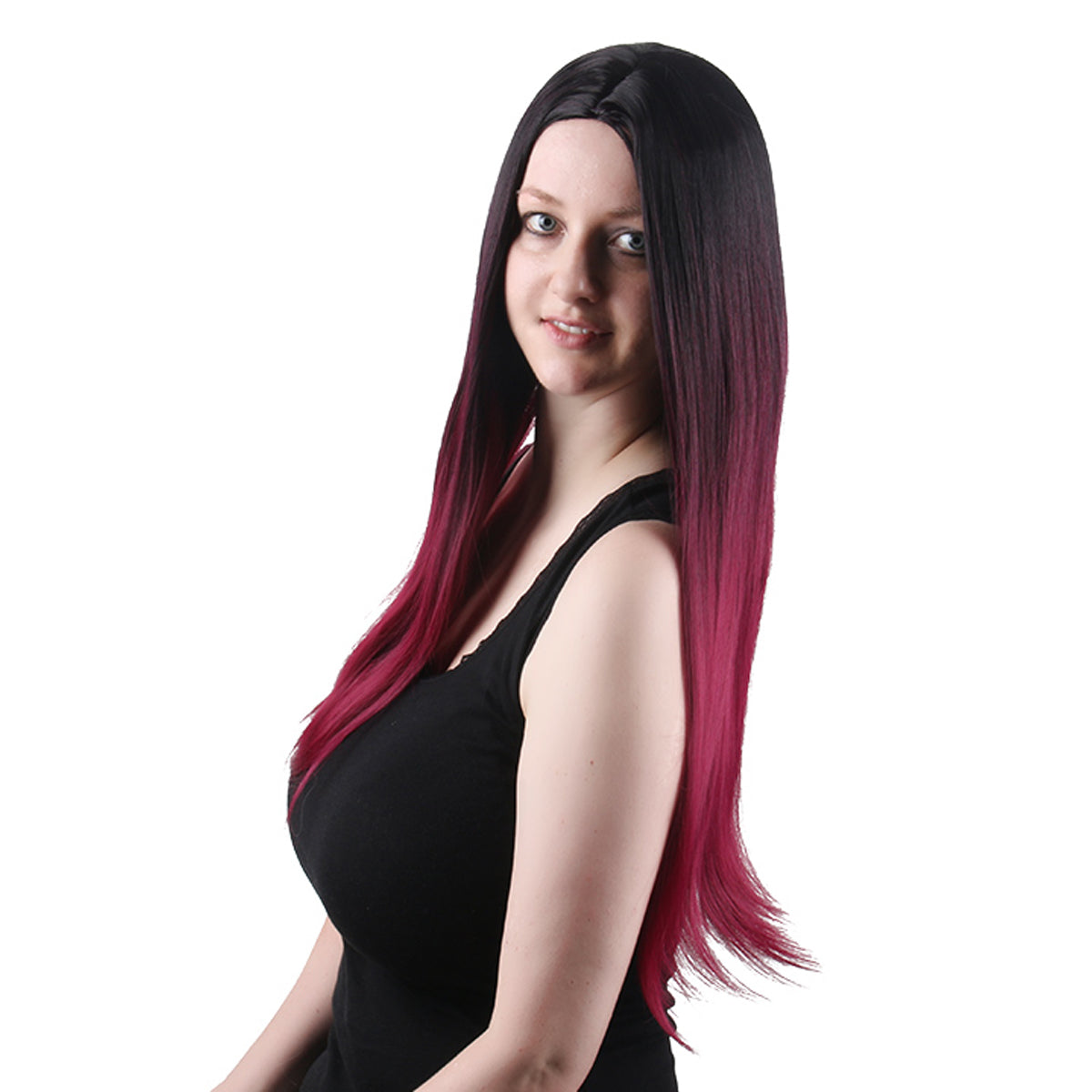 28 Inch Charming Long Kinky Straight Ombre Burgundy Synthetic Fiber Wig For Women Daily Wear