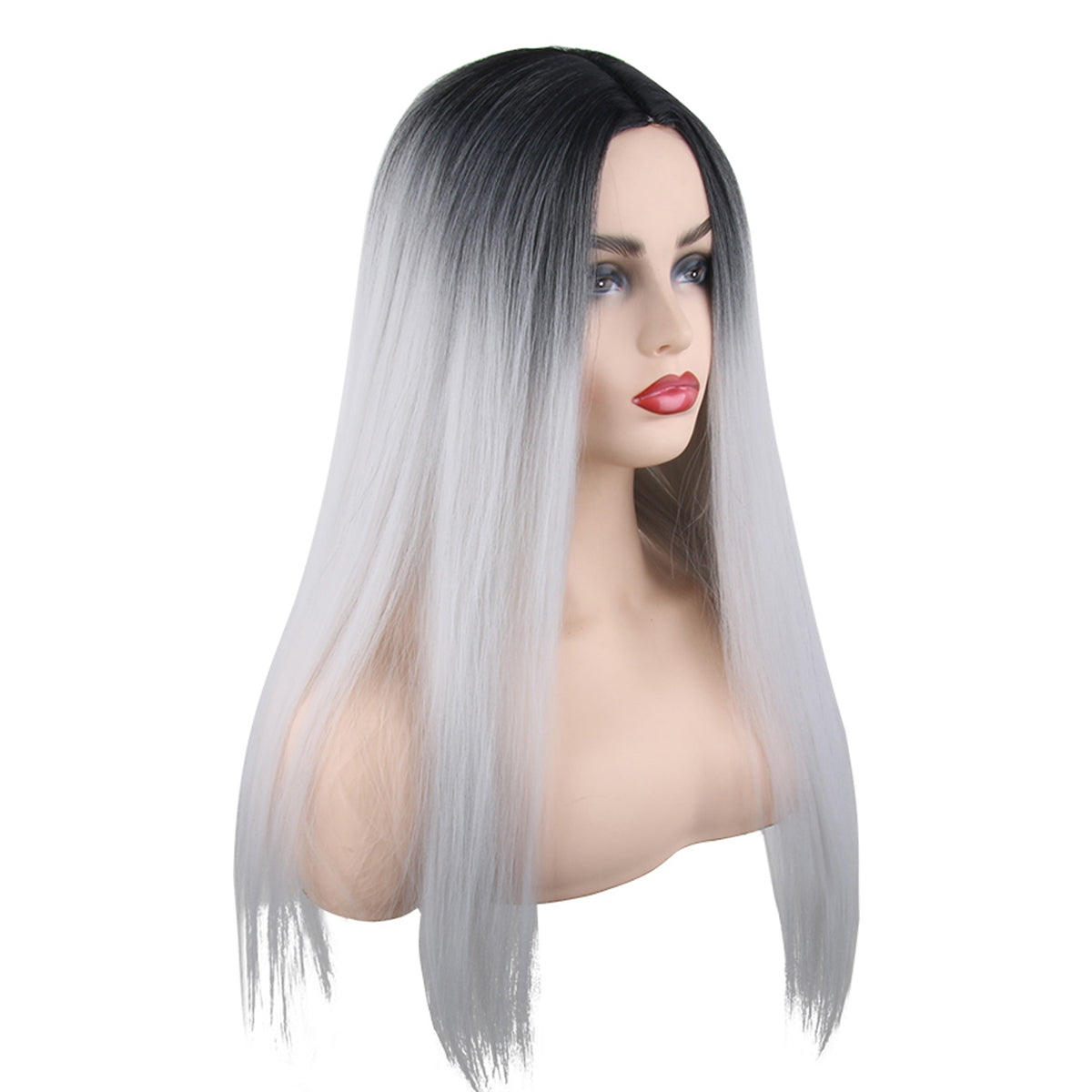 26 inches gradient black light silver long straight hair ladies wig Europe and the United States wig synthetic wig