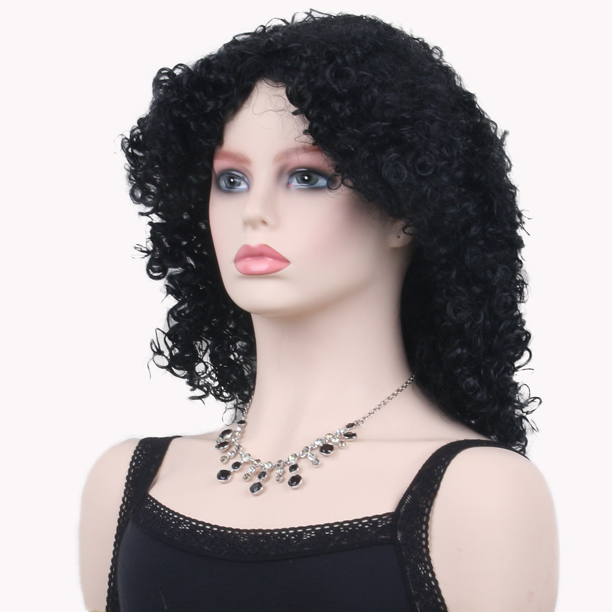 16 Inch Beautiful Middle Length Black Kinky Curl Synthetic Fiber Wig For Women Daily Wear