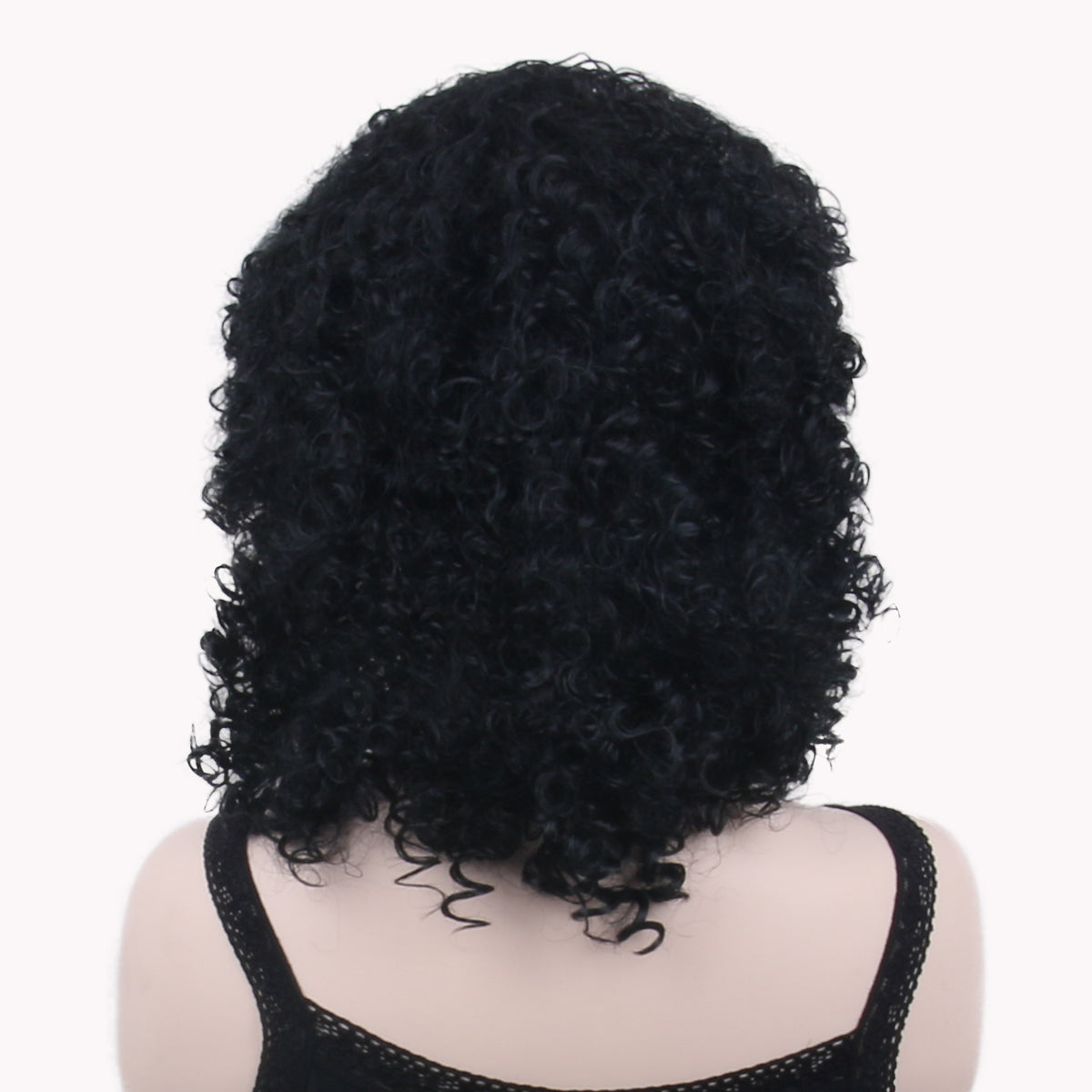 16 Inch Beautiful Middle Length Black Kinky Curl Synthetic Fiber Wig For Women Daily Wear