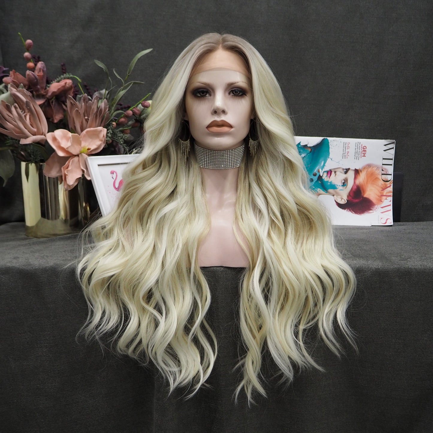 Mixed white gold mixed gold free braid curvature front lace full wig transparent mesh cap