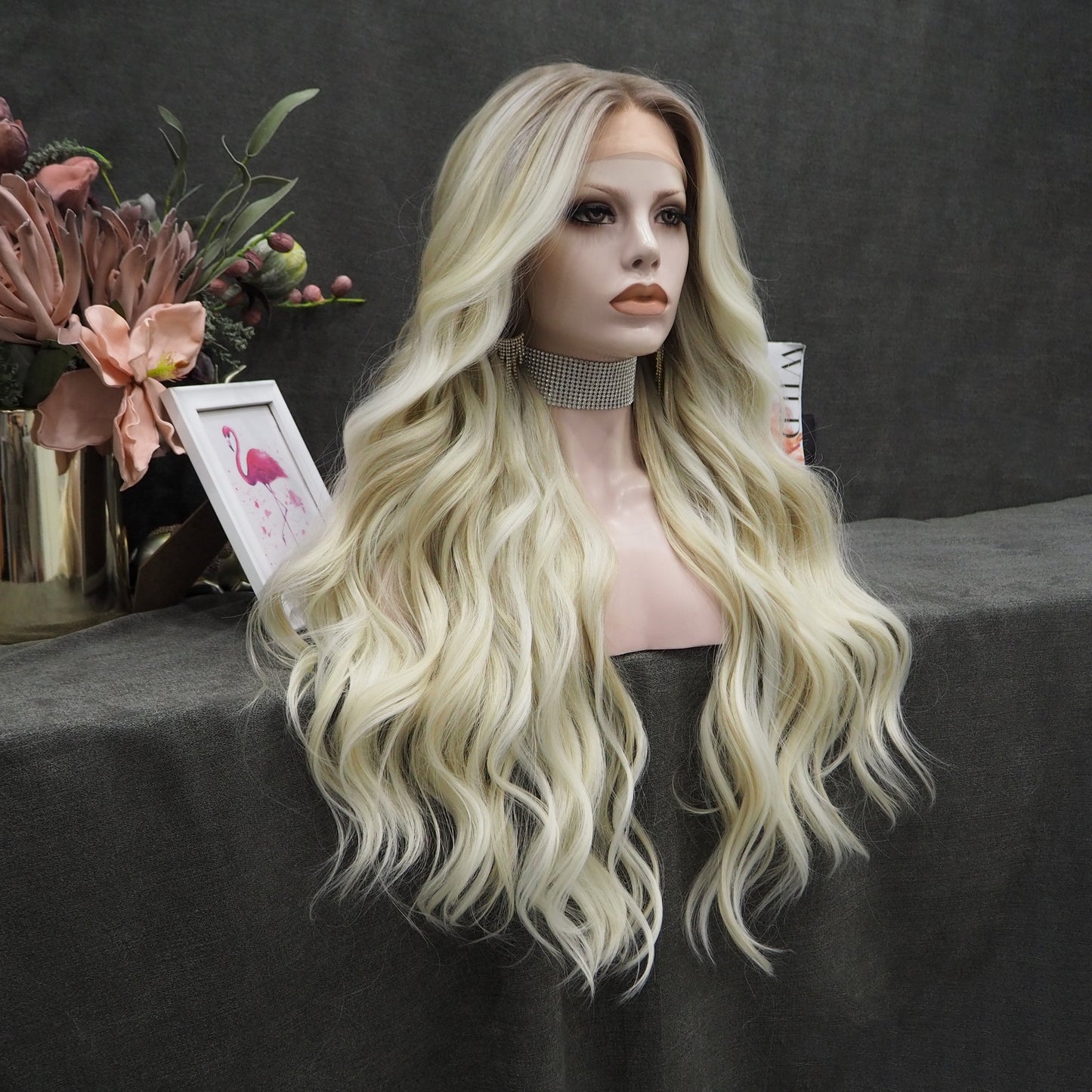 Mixed white gold mixed gold free braid curvature front lace full wig transparent mesh cap