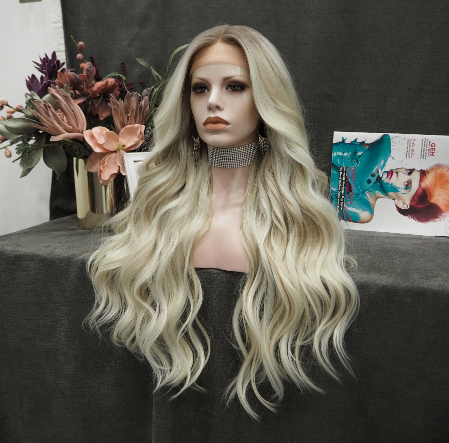 Mixed white gold mixed gold free braid curvature front lace full wig transparent mesh cap