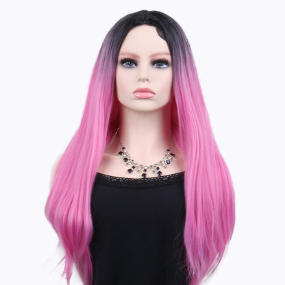 26 inch Fashion Attactive Long Kinky Straight Gradient Black Light Pink  Synthetic Fiber Wig For Women Daily Wear