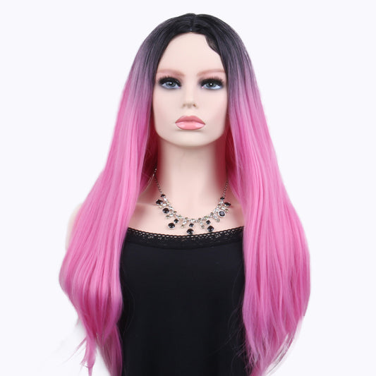 26 inch Fashion Attactive Long Kinky Straight Gradient Black Light Pink  Synthetic Fiber Wig For Women Daily Wear
