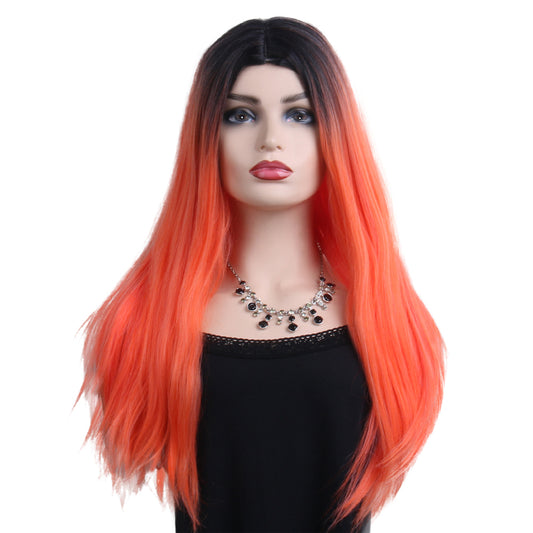 26 inches gradient orange red colour long straight hair ladies wig Europe and the United States wig synthetic wig