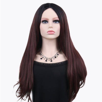26 inches gradient burgundy long straight hair ladies wig Europe and the United States wig synthetic wig
