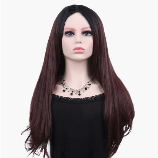 26 inches gradient burgundy long straight hair ladies wig Europe and the United States wig synthetic wig
