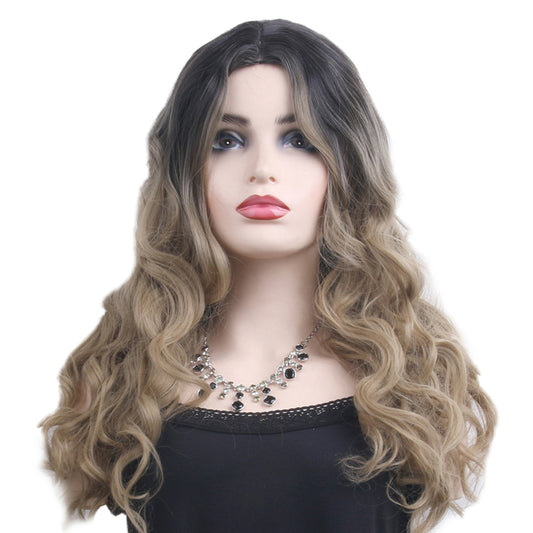 Wig female black gradient brown long curly hair big wave natural wig