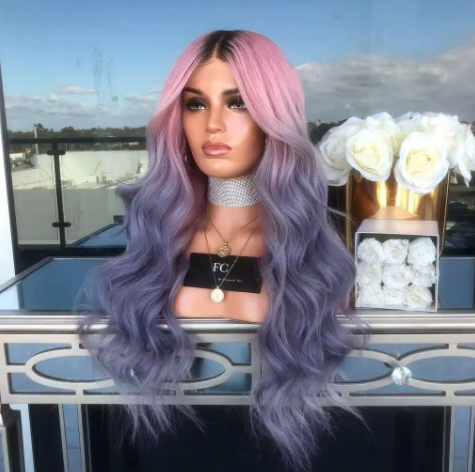 New European and American ladies fashion mixed color pink black and gray long curly hair chemical fiber big wave wig