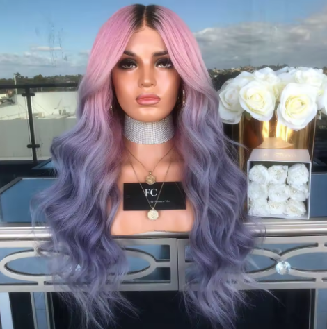 New European and American ladies fashion mixed color pink black and gray long curly hair chemical fiber big wave wig