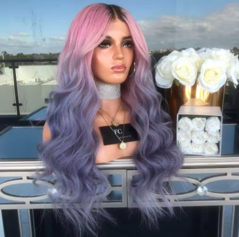 New European and American ladies fashion mixed color pink black and gray long curly hair chemical fiber big wave wig