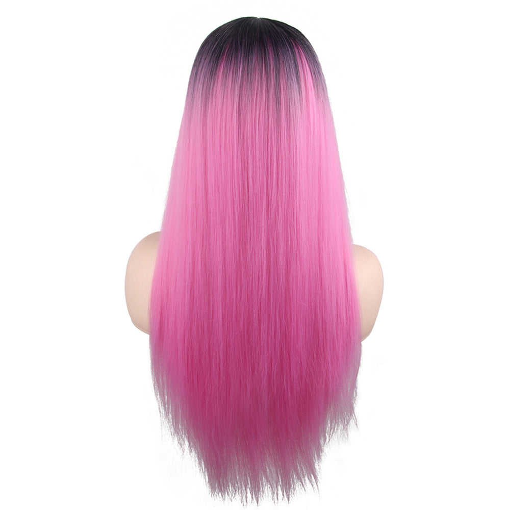 26 inch Fashion Attactive Long Kinky Straight Gradient Black Light Pink  Synthetic Fiber Wig For Women Daily Wear