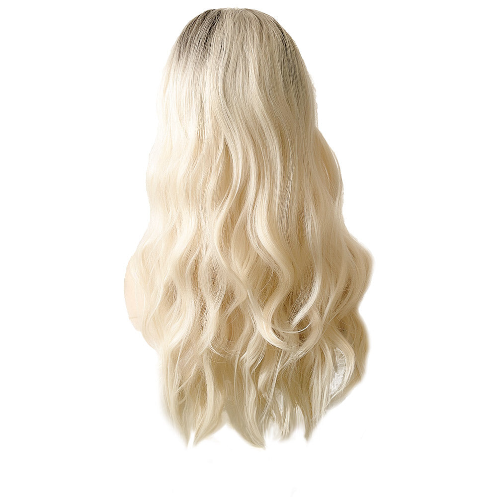 28 Inches Long Blonde Wig with Bangs Natural Synthetic Hair Ombre Blonde Wavy Wig with Dark Roots for Women Daily Party Cosplay Wear