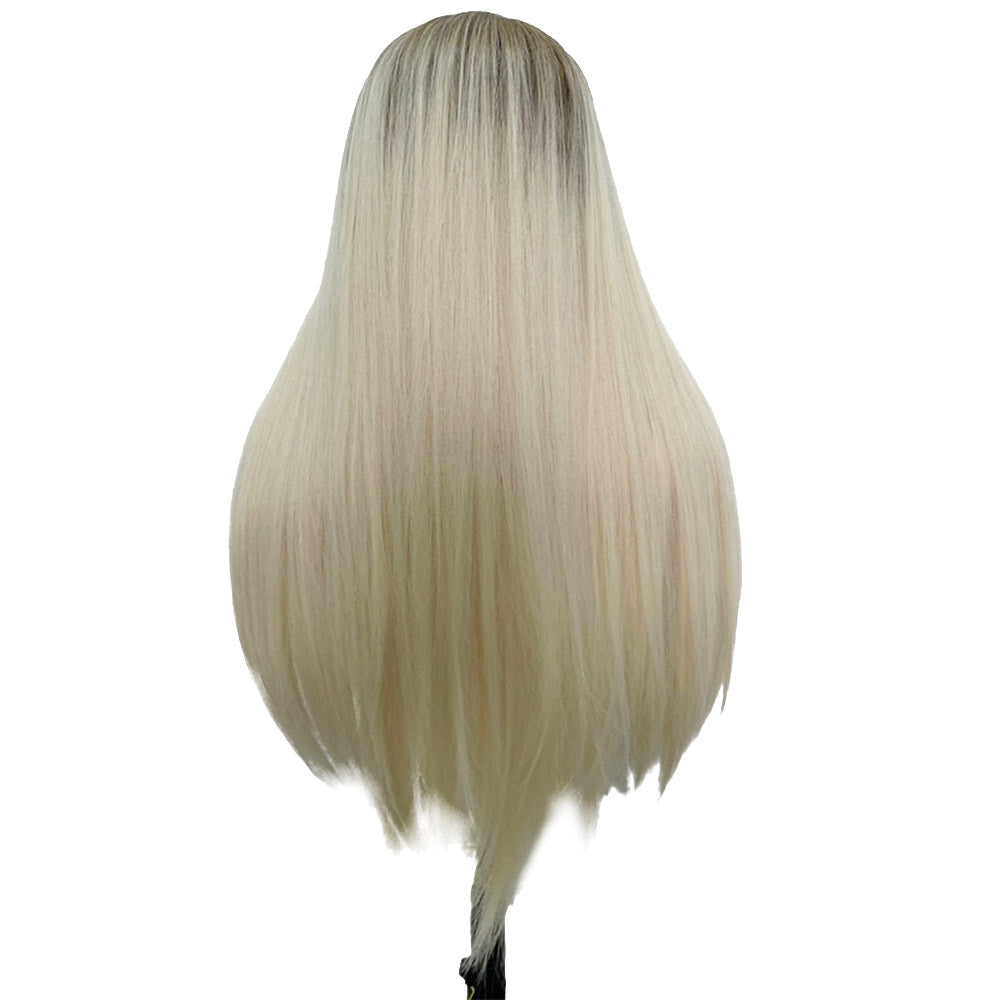 28 Inch Attactive Long Kinky Straight Blonde With Bangs Synthetic Fiber Wigs For Women Daily Wear