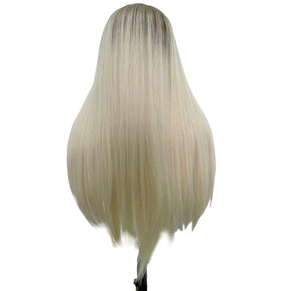 28 Inch Attactive Long Kinky Straight Blonde With Bangs Synthetic Fiber Wigs For Women Daily Wear