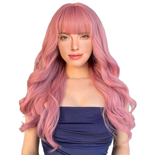 28 Inch Beautiful Long Loose Wave Pink Wigs With Bangs For Women Synthetic Natural Wavy Wig Corlorful For Daily Wear
