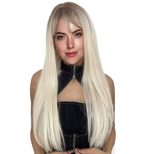 28 Inch Attactive Long Kinky Straight Blonde With Bangs Synthetic Fiber Wigs For Women Daily Wear
