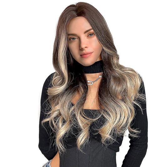 28 Inch Long Wave Fashion Wig Nature Brown And Blonde Heat Resistant Synthetic Fiber For Women Daily Wig