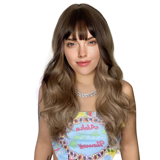 26 Inch Long Brown Color Natural Wave Synthetic Wigs for Women Daily Party Wear