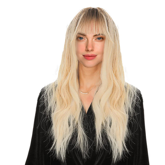 28 Inches Long Blonde Wig with Bangs Natural Synthetic Hair Ombre Blonde Wavy Wig with Dark Roots for Women Daily Party Cosplay Wear