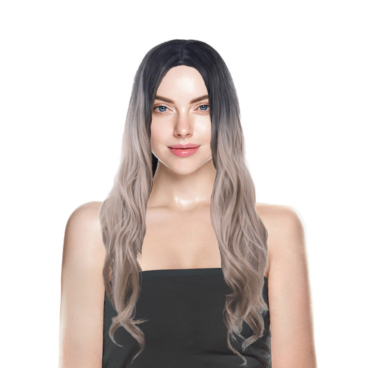 Europe and the United States wig female long hair wavy curly hair fashion middle parting gradient grey and black
