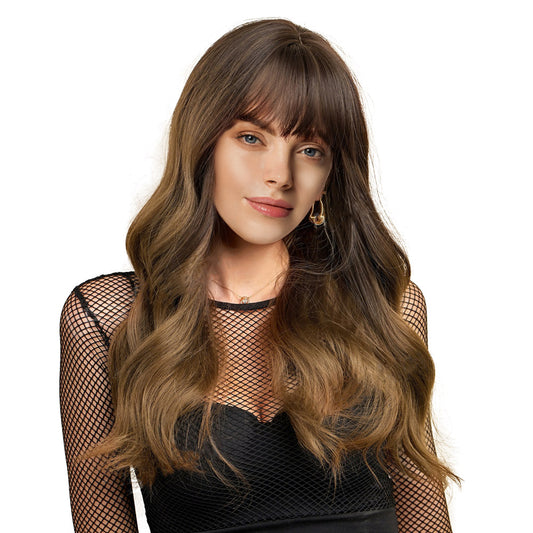 26 Inch Long Natural Wave Dark Brown With Bang Synthetic Fiber Wig For Women Daily Use Party