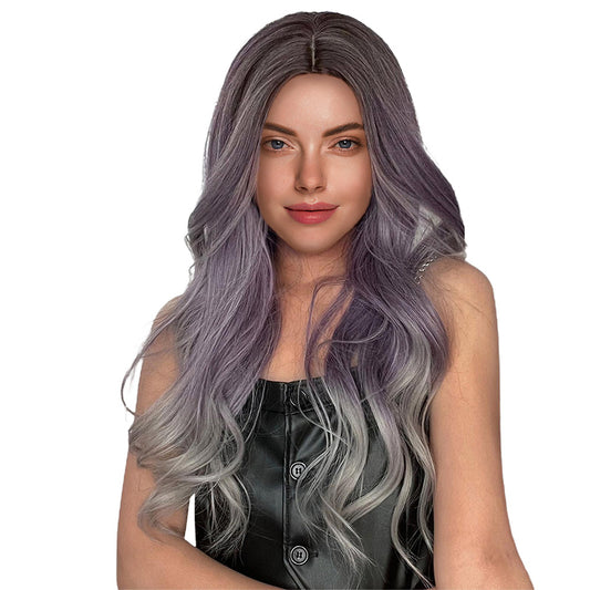 28 Inch Attractive Long Loose Wave Purple and Gray Synthetic Fiber Wigs For Women Daily Party Wear