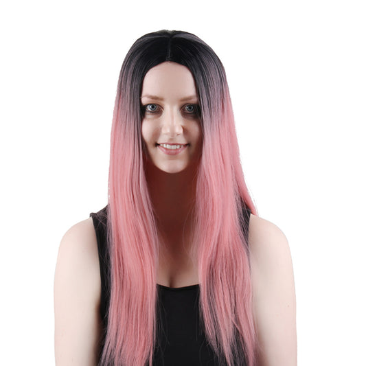 28 Inch Charming Long Kinky Straight Gradient Pink Synthetic Fiber Wig For Women Daily Wear