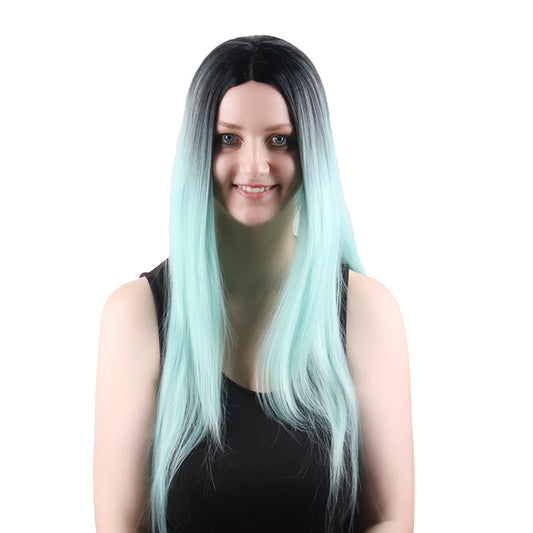 28 Inch Charming Long Kinky Straight Gradient Light Blue Synthetic Fiber Wig For Women Daily Wear