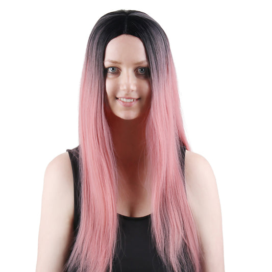 28 Inch Charming Long Kinky Straight Ombre Peach Color Synthetic Fiber Wig For Women Daily Wear