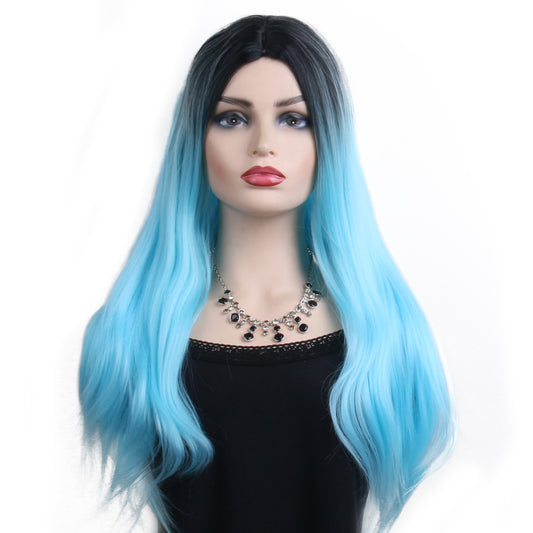 26 inches gradient cyan long straight hair ladies wig Europe and the United States wig synthetic wig